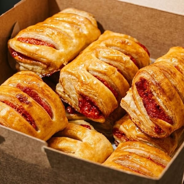 Golden-brown pastries with red fruit filling, nestled in a rustic cardboard box.