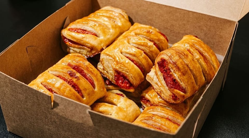 Golden-brown pastries with red fruit filling, nestled in a rustic cardboard box.