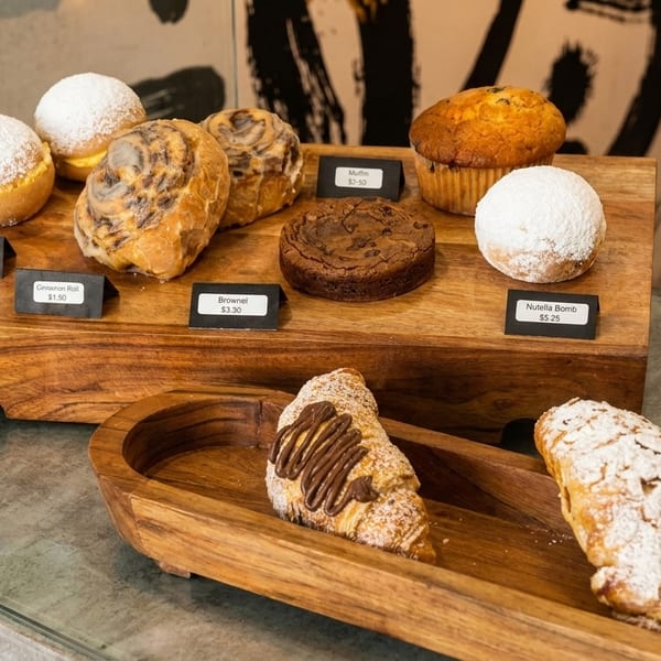 A wooden display stand holds various pastries, including cinnamon rolls, muffins, brownies, and bomboloni.