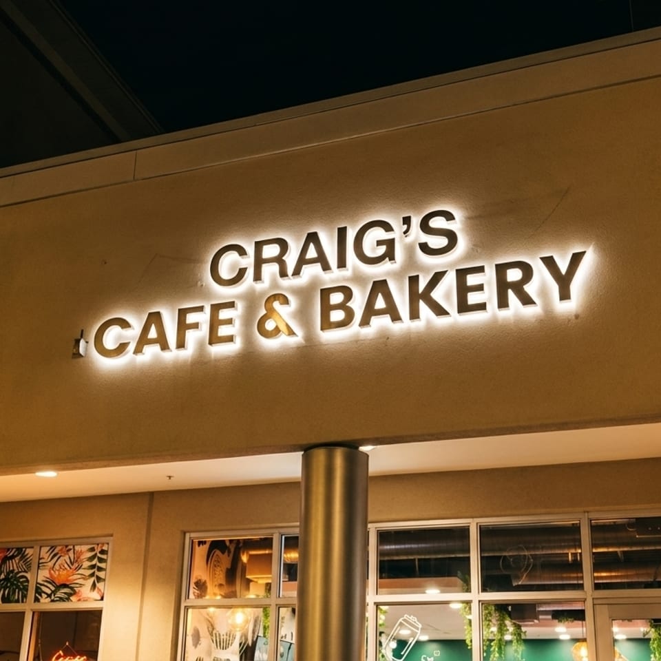 Exterior view of Craig's Cafe & Bakery sign illuminated at night, with Feel Good Coffee Lounge nearby.
