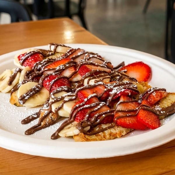 French toast topped with sliced strawberries, bananas, chocolate drizzle, and powdered sugar.