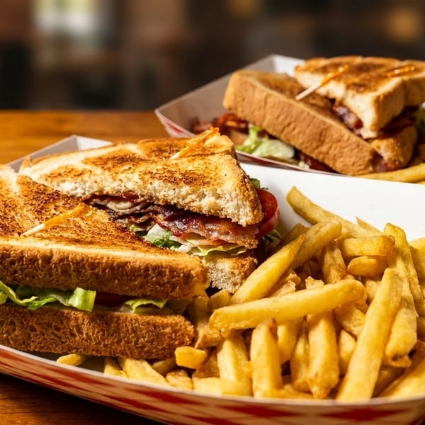 Two bacon, lettuce, and tomato sandwiches with golden fries in paper trays on a wooden table.