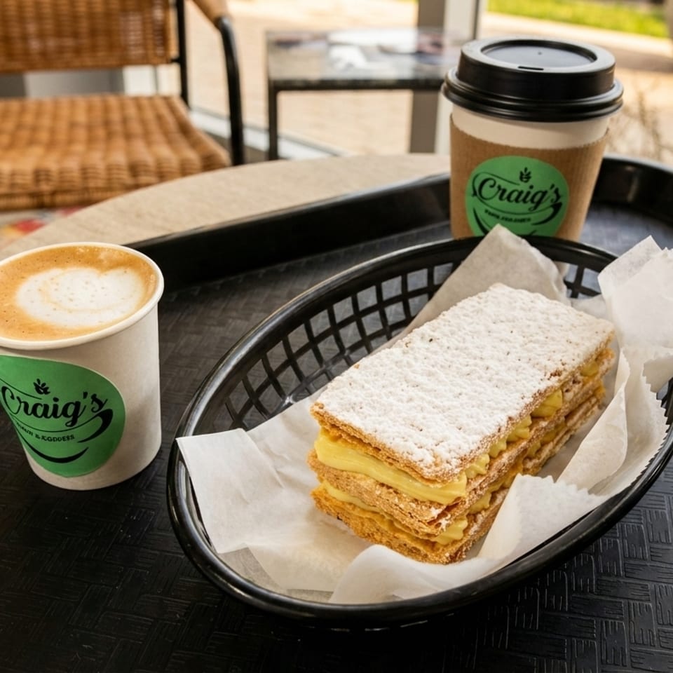 A Craig's latte and coffee cup sit on a tray with a powdered sugar pastry.