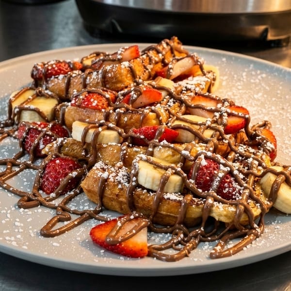 Waffles topped with sliced strawberries, bananas, chocolate drizzle, and powdered sugar on a gray plate.